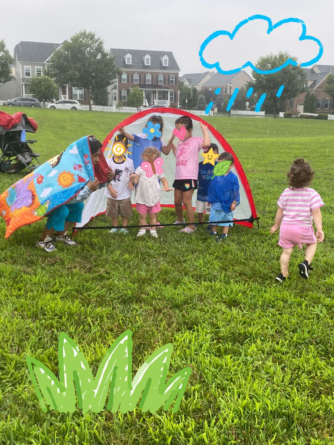 Daycare kids are using a soccer goal net as shelter in the light rain. 